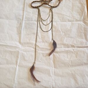 Bohemian Layered Feather Lariat Necklace in Brown